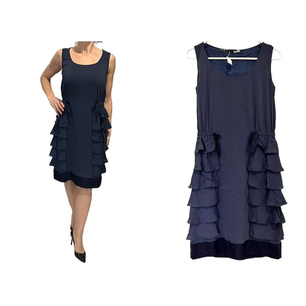 LOVE MOSCHINO NAVY BLUE SLEEVELESS SIDE CINCH RUFFLE FRILLY DRESS 4
